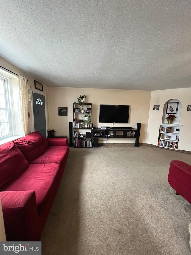 carpeted living room featuring a textured ceiling