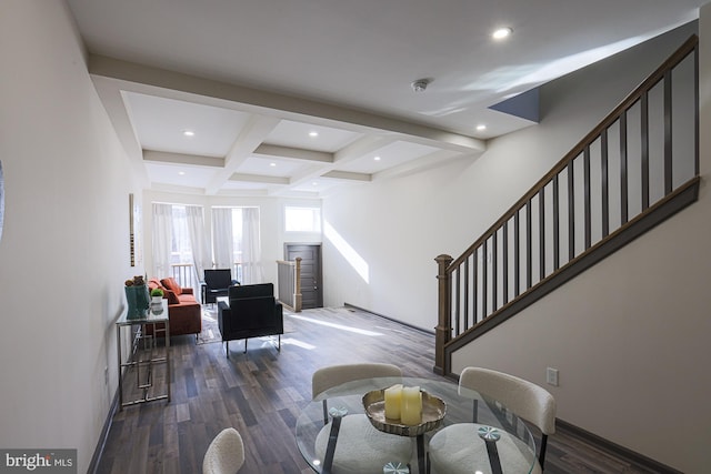 living room with beamed ceiling, dark wood-type flooring, and coffered ceiling