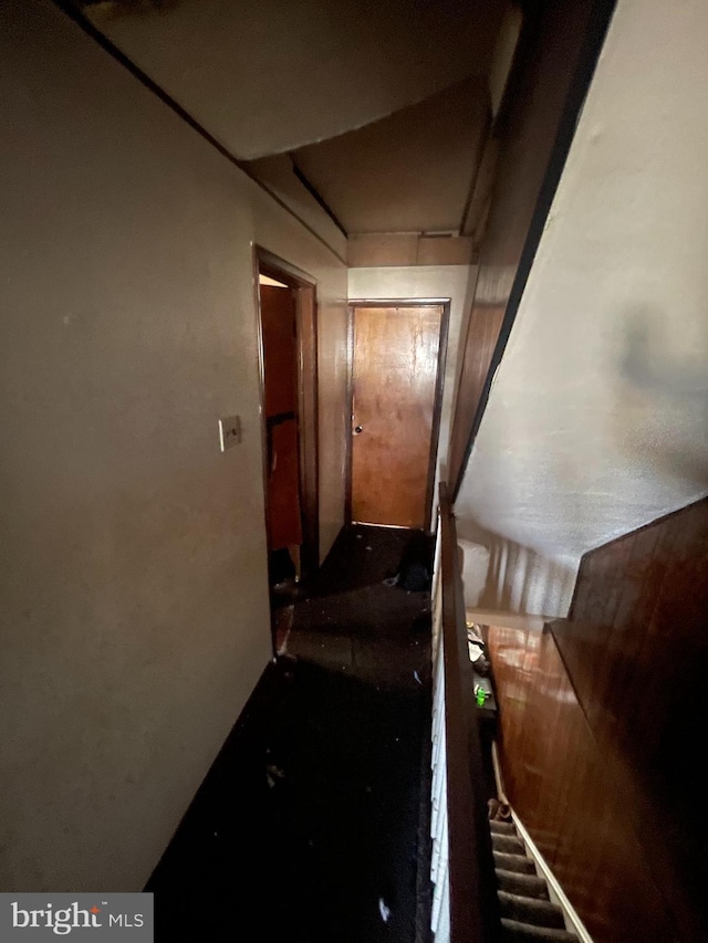 corridor featuring wooden walls