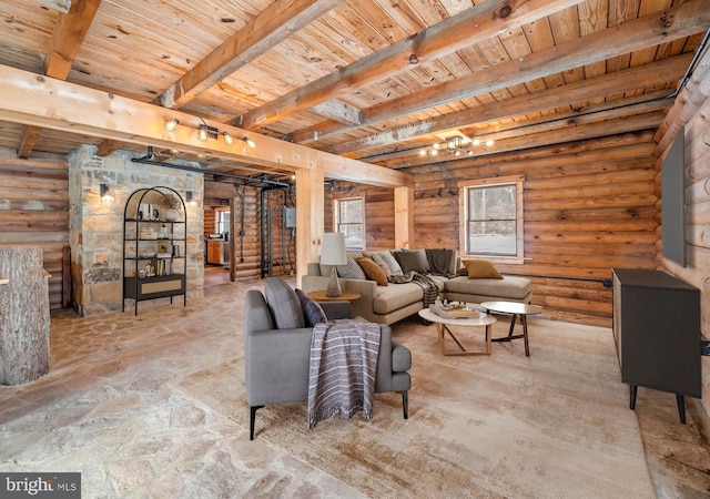 living room featuring log walls, wooden ceiling, and beamed ceiling