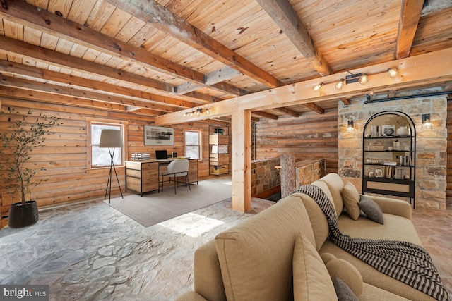 living room featuring beam ceiling, rustic walls, and wooden ceiling