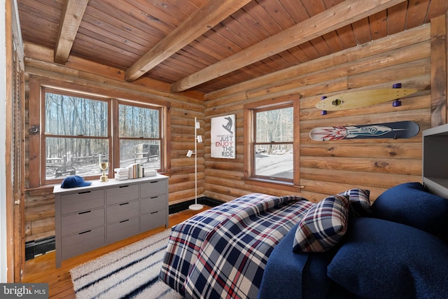 bedroom featuring log walls, beam ceiling, wooden ceiling, and wood-type flooring