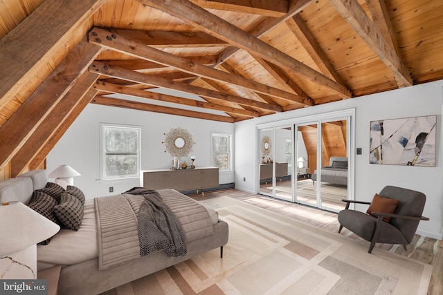 bedroom featuring vaulted ceiling with beams, wooden ceiling, and light hardwood / wood-style floors