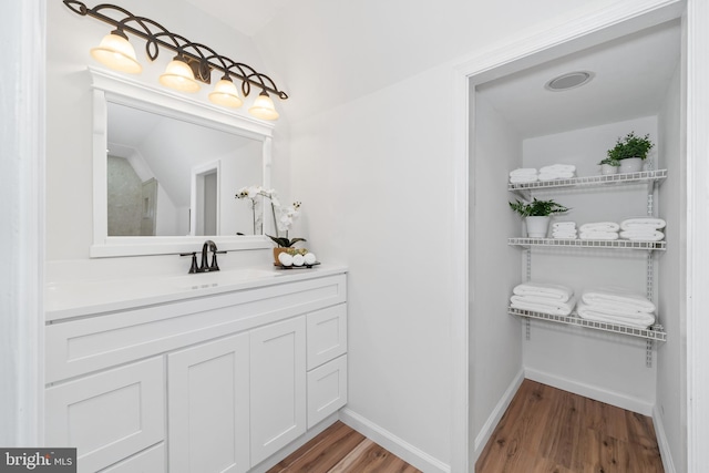 bathroom featuring hardwood / wood-style flooring and vanity