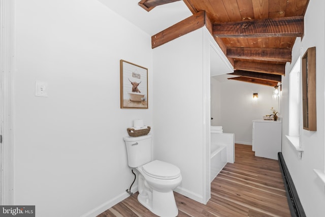 bathroom featuring vaulted ceiling with beams, toilet, wooden ceiling, and hardwood / wood-style flooring