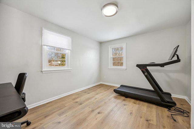 exercise area with light hardwood / wood-style flooring