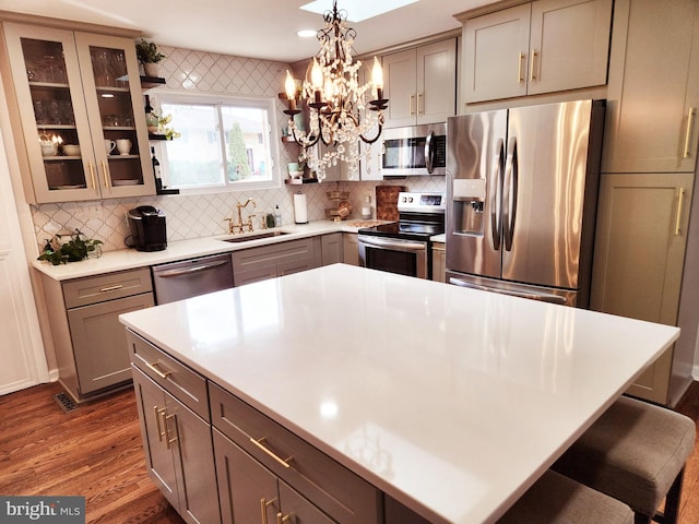 kitchen with appliances with stainless steel finishes, hanging light fixtures, dark wood-type flooring, sink, and backsplash