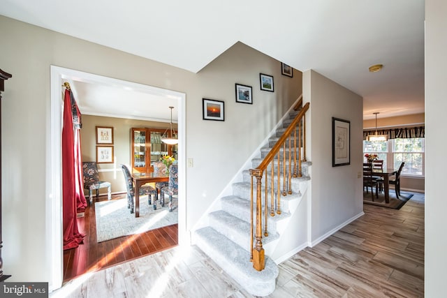 staircase featuring hardwood / wood-style flooring