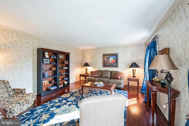 living room featuring crown molding and dark wood-type flooring