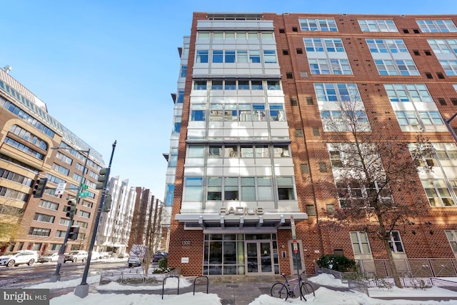 view of snow covered building