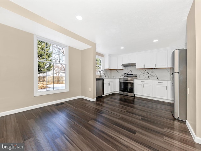 kitchen featuring decorative backsplash, stainless steel appliances, sink, white cabinets, and dark hardwood / wood-style floors