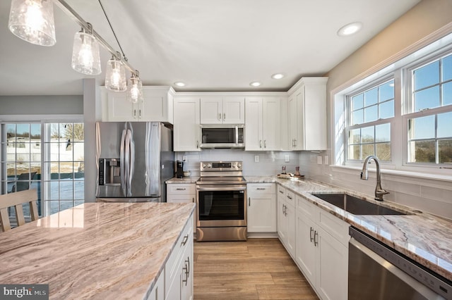 kitchen featuring tasteful backsplash, white cabinets, sink, and stainless steel appliances