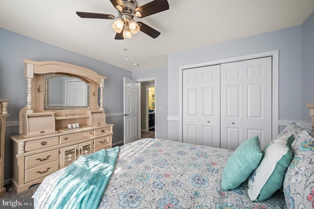 bedroom with ceiling fan and a closet