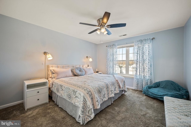 bedroom with ceiling fan and dark colored carpet