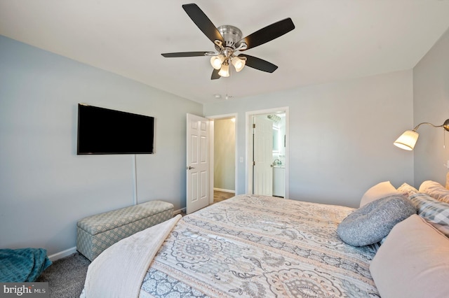 bedroom featuring ceiling fan and carpet floors