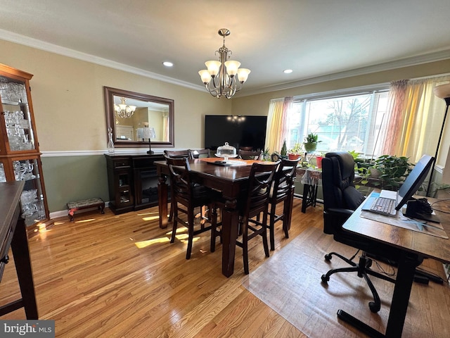 home office with crown molding, baseboards, recessed lighting, light wood-style flooring, and a notable chandelier