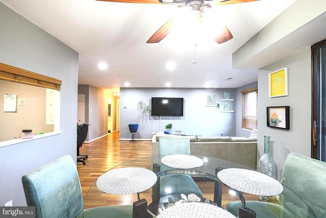 living room with wood-type flooring and ceiling fan