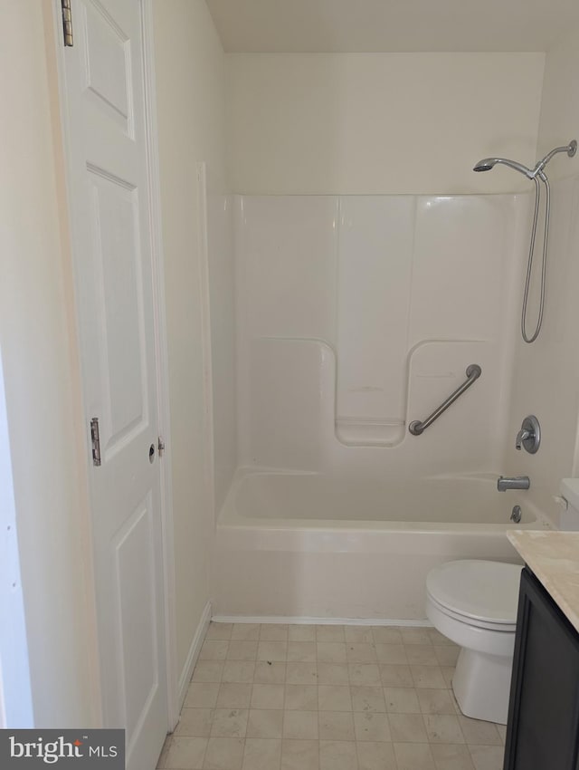 full bathroom with vanity,  shower combination, and toilet