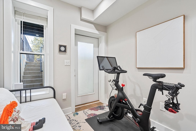 workout room with wood-type flooring