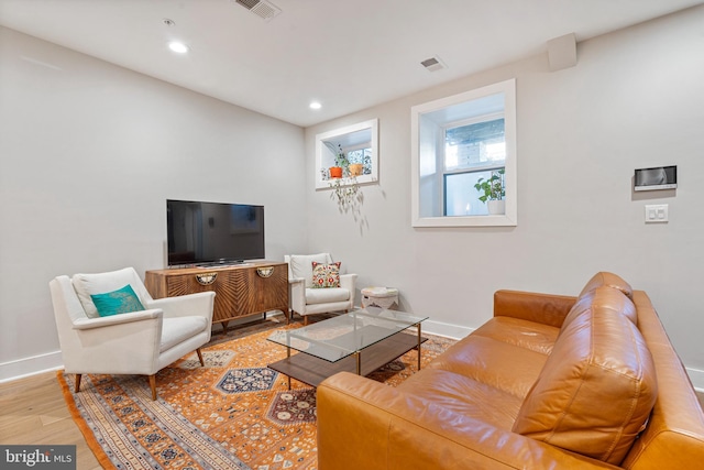 living room with light hardwood / wood-style flooring