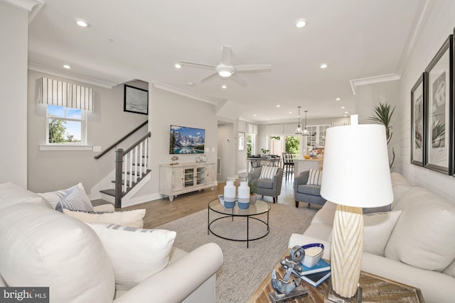 living room with ceiling fan, plenty of natural light, and crown molding