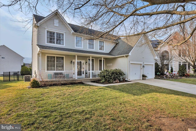 view of front of house with covered porch, a garage, a front lawn, and central air condition unit