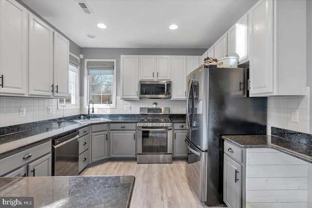 kitchen featuring white cabinetry, sink, gray cabinets, appliances with stainless steel finishes, and light wood-type flooring