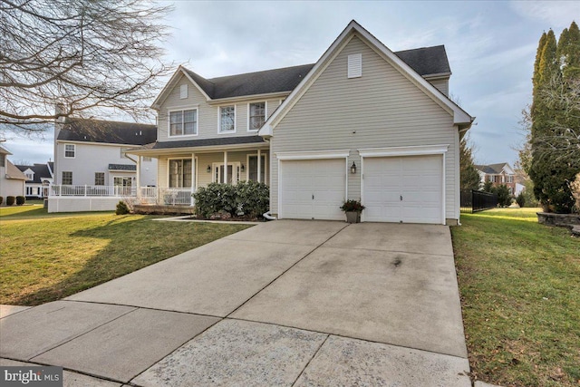 front facade with a garage, covered porch, and a front yard