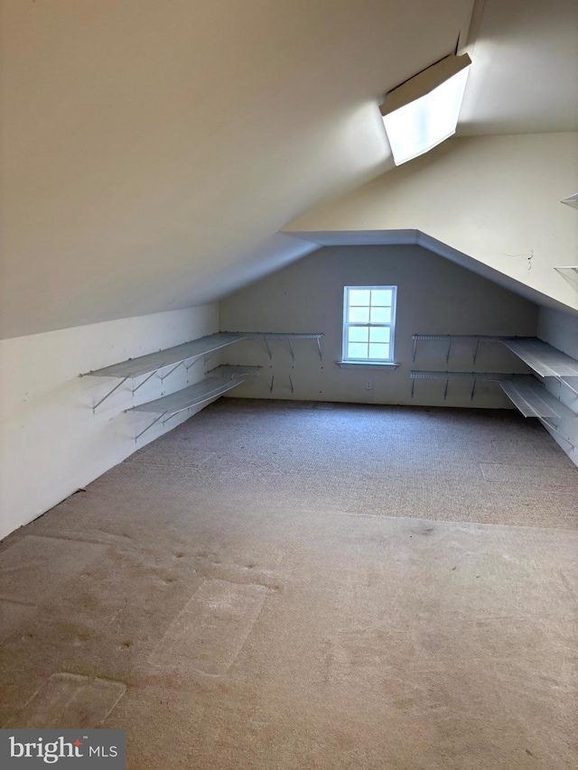 additional living space featuring carpet flooring and lofted ceiling with skylight