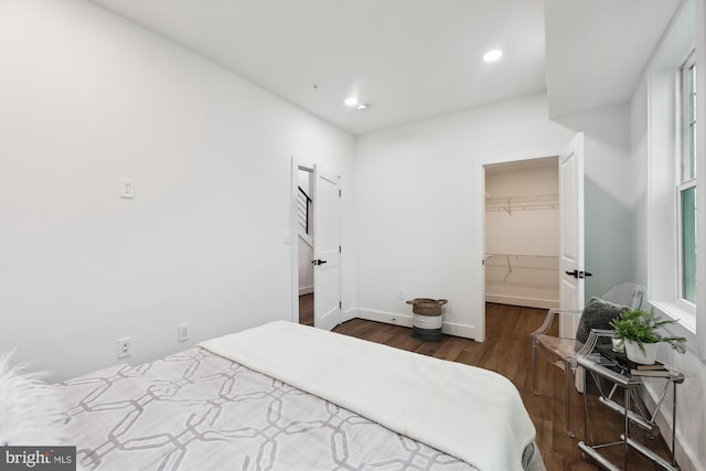 bedroom featuring a walk in closet, dark wood-type flooring, and a closet