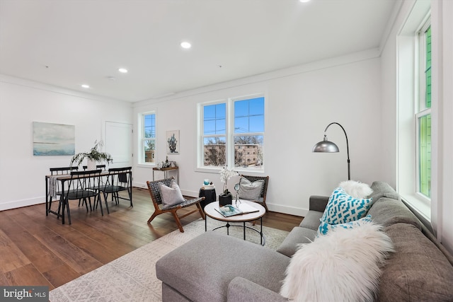 living room with dark wood-type flooring and ornamental molding