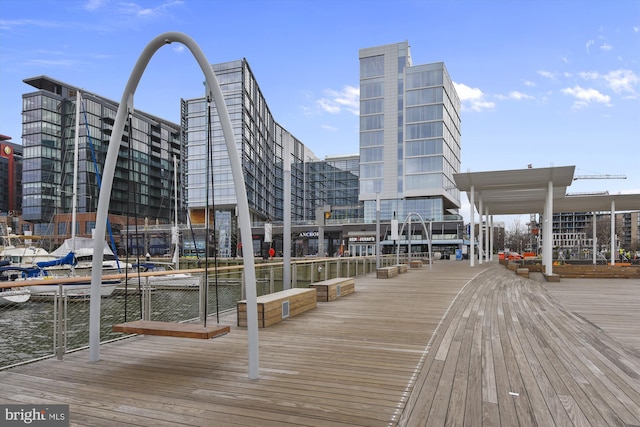 view of dock with a water view