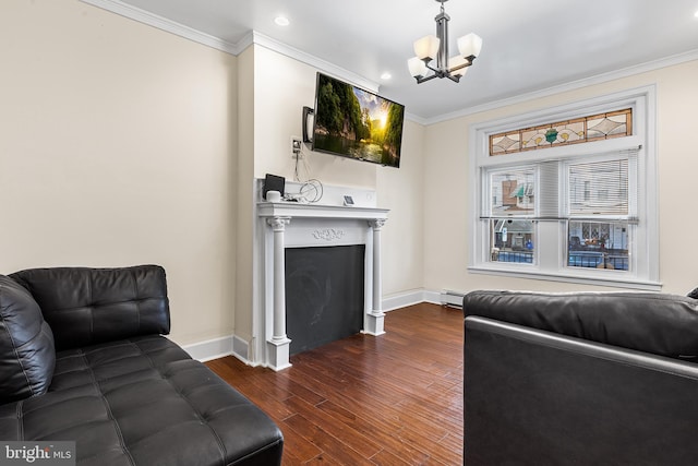 living room featuring a baseboard heating unit, ornamental molding, and dark wood-type flooring