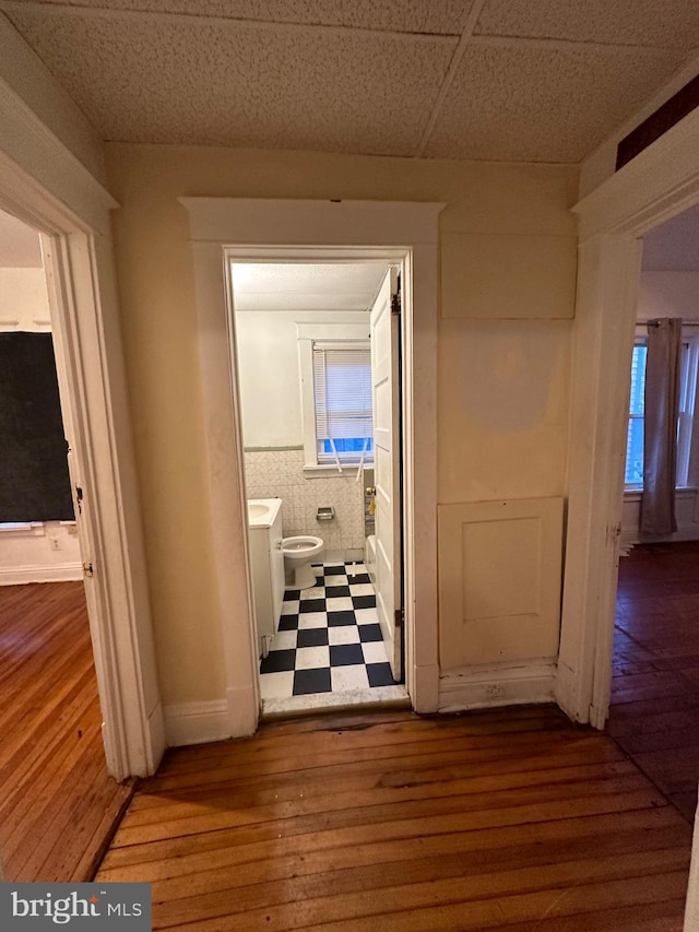 hall featuring wood-type flooring and a paneled ceiling