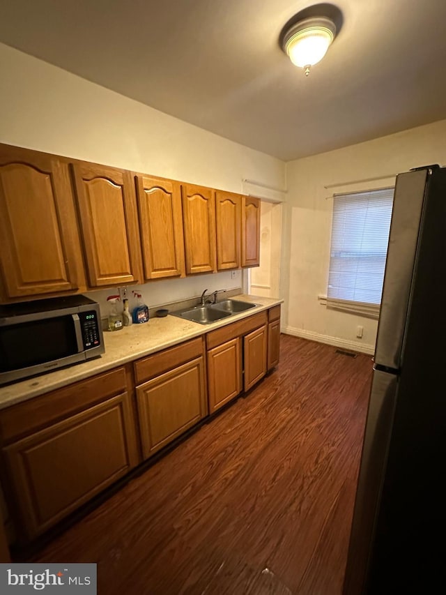 kitchen with dark hardwood / wood-style flooring, sink, and stainless steel appliances