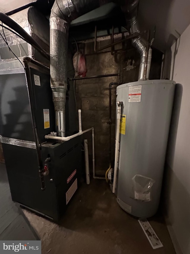 utility room with gas water heater and heating unit