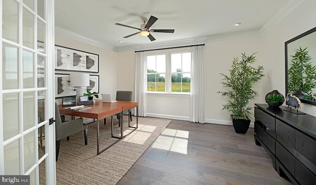 office area featuring ceiling fan, french doors, dark wood-type flooring, and ornamental molding