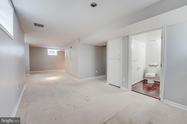 basement featuring light carpet