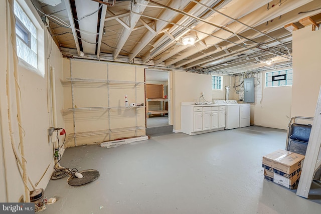 basement with washer and clothes dryer and electric panel