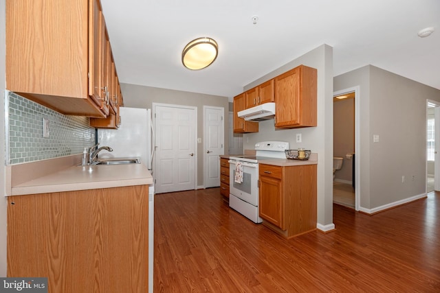 kitchen with backsplash, sink, light hardwood / wood-style flooring, and white electric stove