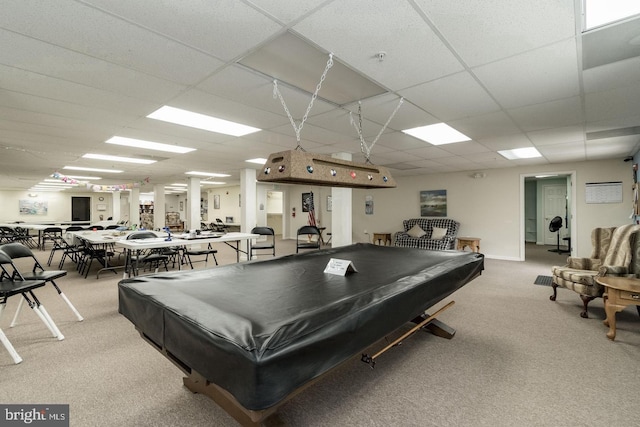 rec room with a paneled ceiling, light colored carpet, and billiards