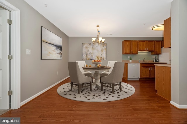 dining room with sink, dark hardwood / wood-style floors, and an inviting chandelier