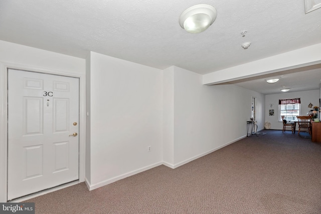 interior space featuring carpet flooring and a textured ceiling