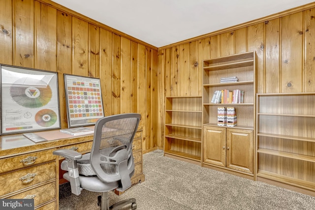 home office featuring wooden walls and carpet flooring