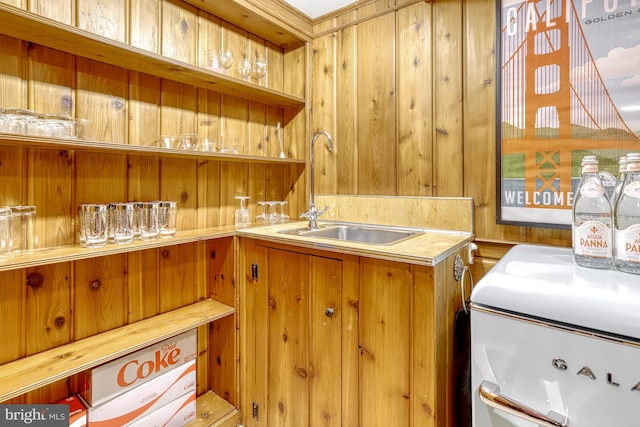 interior space featuring wooden walls and sink