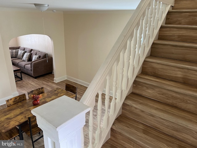 stairway with ornamental molding and hardwood / wood-style flooring