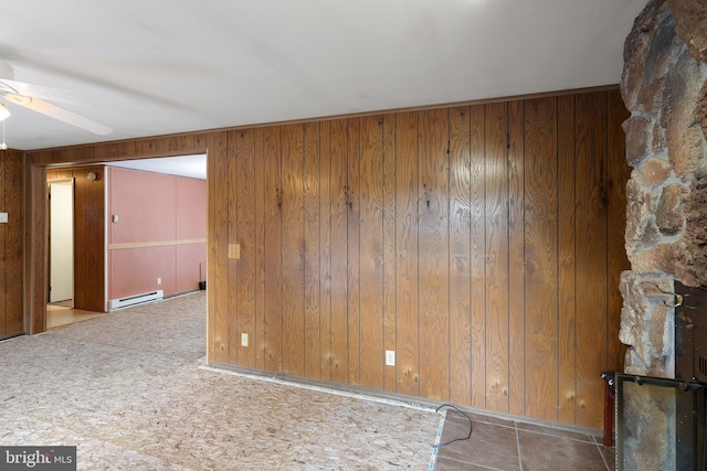 unfurnished room featuring ceiling fan, baseboard heating, and wood walls