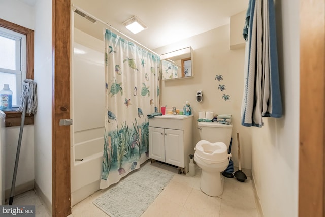 full bathroom featuring toilet, vanity, and shower / bathtub combination with curtain