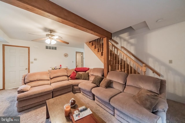 carpeted living room featuring ceiling fan and beamed ceiling