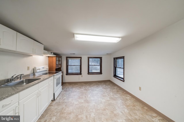 kitchen with sink, white range with electric stovetop, and white cabinetry